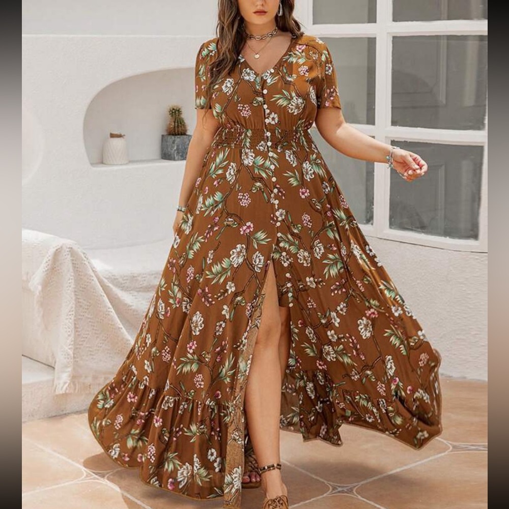 Plus Size Boho Cottagecare Floral Print Button Down Maxi Dress Brown New